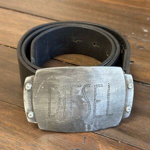 Diesel Vintage Leather Belt with Silver Logo Buckle